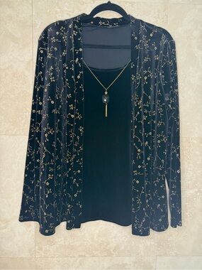 Elementz Black Gold Floral Shimmer Layered Top 2PC Look XL EUC